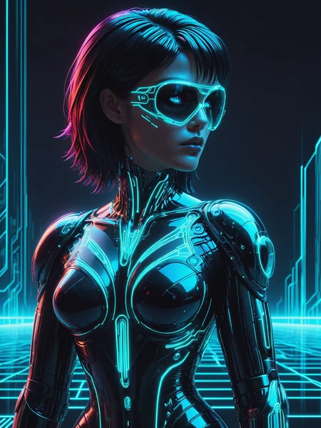 cyberpunk woman, Jed-Jly, Jed-CyFut, Futuristic, Neon, mad-cyberspace, cyberpunk, scifi, 1980s, retro, grid <lora:JellyStyle:0.6> <lora:CyberFuturisticStyle:0.6> <lora:Neon_Cyberpunk_SDXL_-_Cyberspace:0.6>, (masterpiece:1.2), best quality