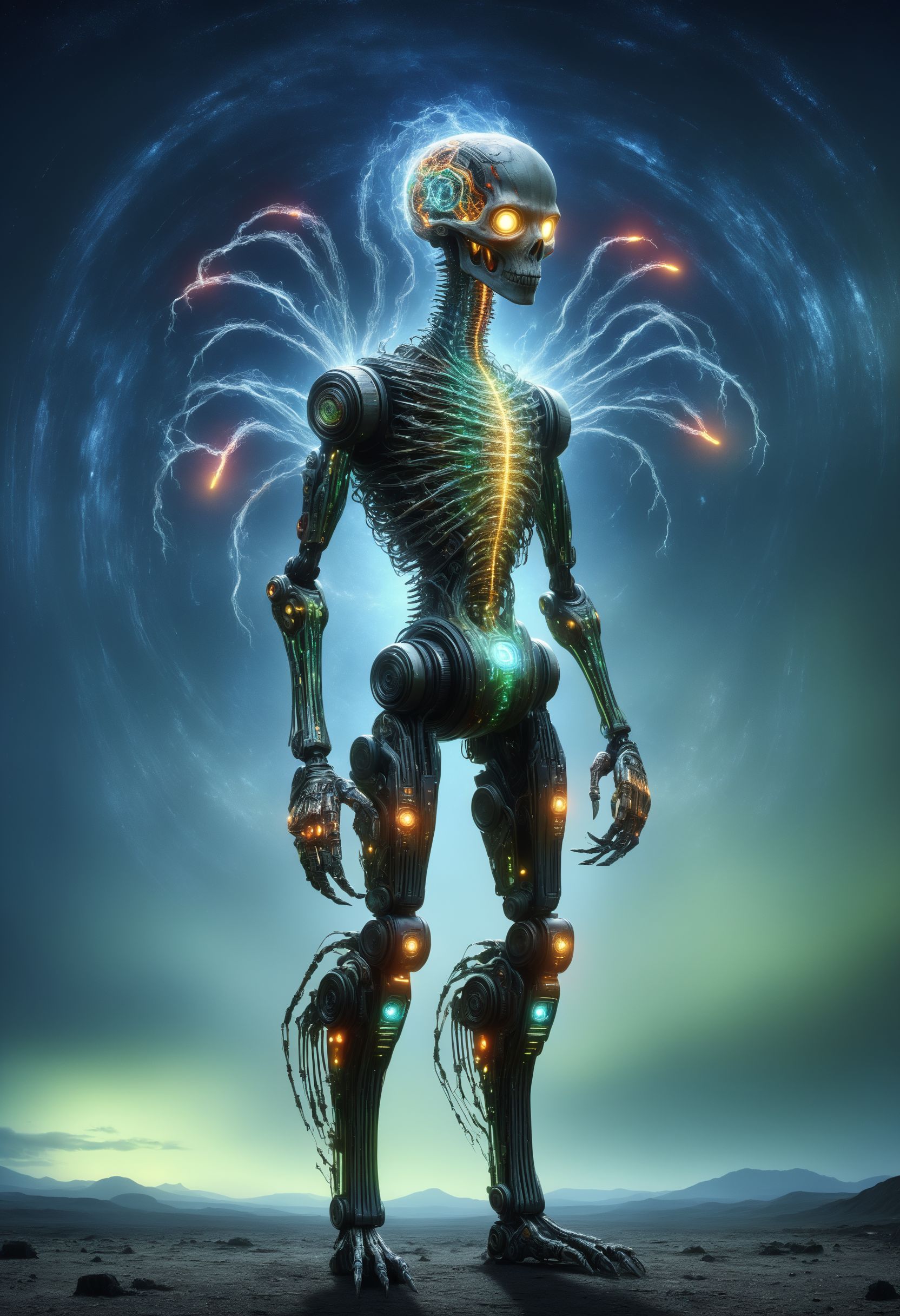 DonMQu4n7umZ3r0XL compact cunning rhythmic exo segmented person, decapod single-armed, unguligrade appendages, bifurcated-tailed, forked-tailed, luminescent skin,     , post-apocalyptic wasteland, dark sky reserve,nighttime wonder,
<lora:DonMQu4n7umZ3r0XL-000006:0.8>,
