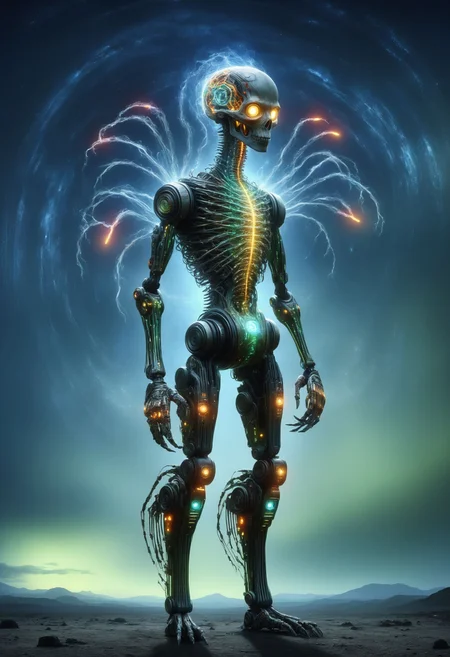 DonMQu4n7umZ3r0XL compact cunning rhythmic exo segmented person, decapod single-armed, unguligrade appendages, bifurcated-tailed, forked-tailed, luminescent skin, , post-apocalyptic wasteland, dark sky reserve,nighttime wonder,
<lora:DonMQu4n7umZ3r0XL-000006:0.8>,