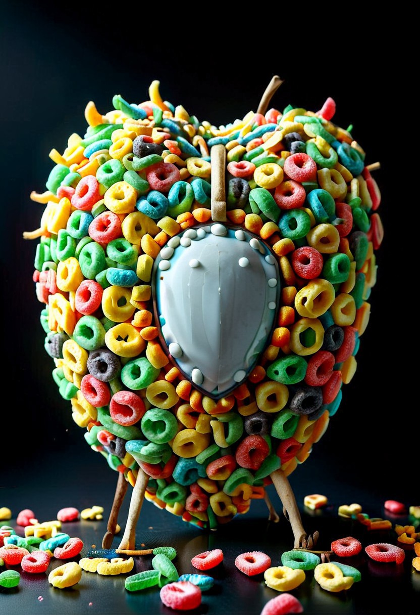 A photorealistic image of a majestic shield (made of fruit loops:1.2), TrypophobiaAI,
intricate details, dramatic composition, tension, contrast, texture, realism, high quality, stunning art, film grain, volumetric lighting, detailed, 
simple background, black background,