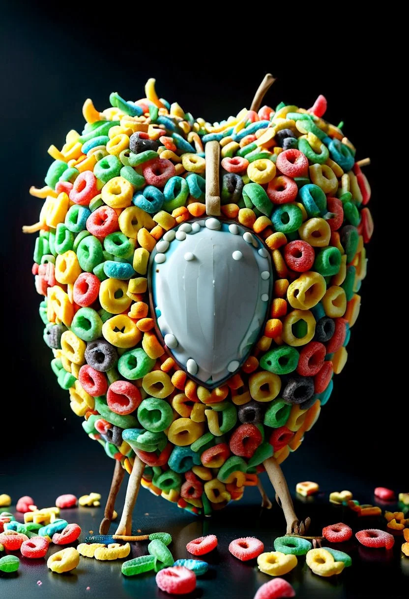 A photorealistic image of a majestic shield (made of fruit loops:1.2), TrypophobiaAI,
intricate details, dramatic composition, tension, contrast, texture, realism, high quality, stunning art, film grain, volumetric lighting, detailed,
simple background, black background,
