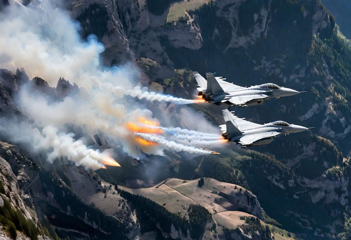 (Pilots flying the Euro Fighter jets between  mountains), (displaying the low level flying capabilities of the Euro Fighter jets), hitting amazing speeds as the tilt and wind through the  valleys and canyons, (view from side of euro fighter jets), (launching missiles with a stream of white vapors with flames), (a true display of military might power), (motion scenes), (pain staking attention to fine details of the jets) ,4k, surreal, (epic photography),