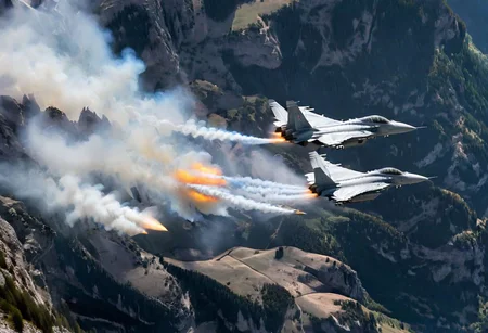 (Pilots flying the Euro Fighter jets between  mountains), (displaying the low level flying capabilities of the Euro Fighter jets), hitting amazing speeds as the tilt and wind through the  valleys and canyons, (view from side of euro fighter jets), (launching missiles with a stream of white vapors with flames), (a true display of military might power), (motion scenes), (pain staking attention to fine details of the jets) ,4k, surreal, (epic photography),
