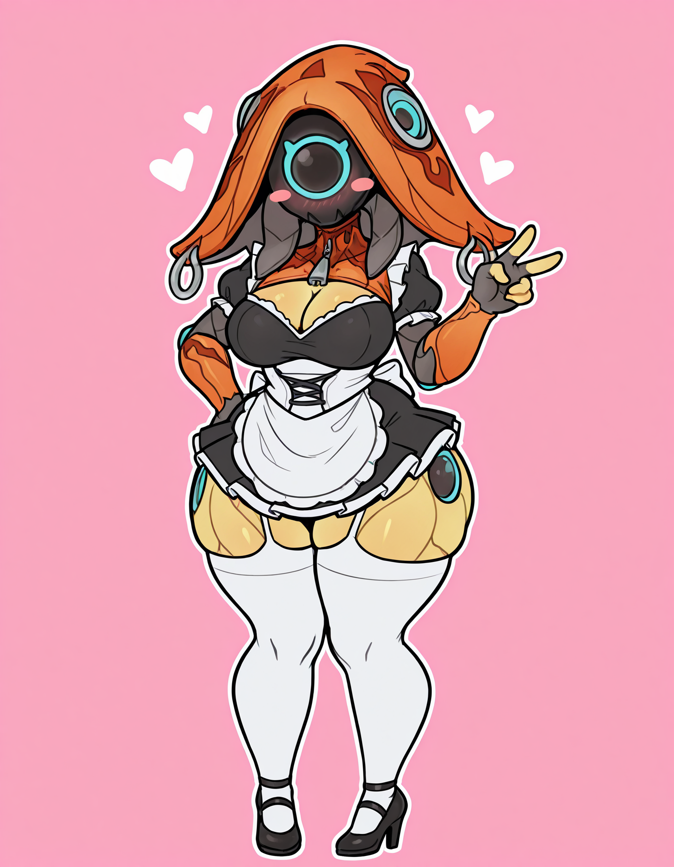 masterpiece, best quality, absurdres, chibi, cute, simple background, pink background, black line art, flat colors, full body, solo, heart, 5 fingers BREAK
<lora:IvaraWF_IL-000015:0.9>  IvaraWF, orange hood, yellow body, cyan eyes, eyeless, looking at viewer, blush stickers, maid uniform, standing, cleavage, wide hips, white thigh highs, black heels, hand on hip, (v sign:1.1)