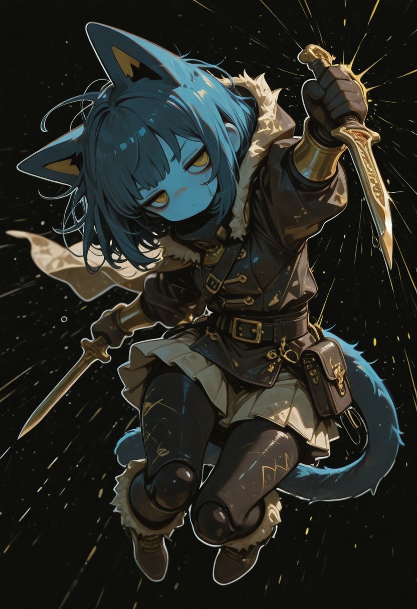 Masterpiece, best quality,amazing quality,very aesthetic, high resolution, dynamic pose,solo, black background, blank background, full body, high detail, Smooth, detailed, masterpiece, masterwork, super cute style, Masterpiece, best quality,amazing quality,very aesthetic, high resolution, Masterpiece, best quality, amazing quality, very aesthetic, high resolution, dynamic pose, solo, black background, simple background, white outline, sticker_style, gold details, c0t0n0_illu, u3nomigi_illu, abstract, abstract shapes, halftone,  blue cat ears, blue cat tail, (blue skin: 1.4), colored skin, yellow eyes, cat pupils, dark blue hair, medium hair, bobcut, doll joints, bored, jitome, black eyeshadow, flat breasts, medium hips, short, dark blue ears, dark blue tail, gold inner ear, gold details, thief cloak, fur trim, long sleeve tunic, belt, purse, black leggings, boots, long gloves, long boots, skirt, dirty clothes, dark clothing, brown and black clothes, thick clothes, bracers, rogue, thief, hood down, thick gloves, gold forearm bracers, holding dagger,dirk dagger, attack,dagger, holding dagger, attack, lunge,EminemThrowingMeme,motion lines, motion blur,throwing,(throwing object:1.2), fullcolor, blurred lineart,(((wagashi))), messy hair,((dagashiya)),iwako,Chillof Vorn'thar, Crystal Blade, crystal dagger background,Cartoon style, fullcolor, blurred lineart, no background, , S4bit4mago_illu