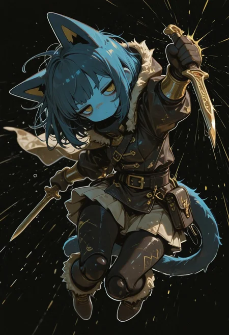 Masterpiece, best quality,amazing quality,very aesthetic, high resolution, dynamic pose,solo, black background, blank background, full body, high detail, Smooth, detailed, masterpiece, masterwork, super cute style, Masterpiece, best quality,amazing quality,very aesthetic, high resolution, Masterpiece, best quality, amazing quality, very aesthetic, high resolution, dynamic pose, solo, black background, simple background, white outline, sticker_style, gold details, c0t0n0_illu, u3nomigi_illu, abstract, abstract shapes, halftone,  blue cat ears, blue cat tail, (blue skin: 1.4), colored skin, yellow eyes, cat pupils, dark blue hair, medium hair, bobcut, doll joints, bored, jitome, black eyeshadow, flat breasts, medium hips, short, dark blue ears, dark blue tail, gold inner ear, gold details, thief cloak, fur trim, long sleeve tunic, belt, purse, black leggings, boots, long gloves, long boots, skirt, dirty clothes, dark clothing, brown and black clothes, thick clothes, bracers, rogue, thief, hood down, thick gloves, gold forearm bracers, holding dagger,dirk dagger, attack,dagger, holding dagger, attack, lunge,EminemThrowingMeme,motion lines, motion blur,throwing,(throwing object:1.2), fullcolor, blurred lineart,(((wagashi))), messy hair,((dagashiya)),iwako,Chillof Vorn'thar, Crystal Blade, crystal dagger background,Cartoon style, fullcolor, blurred lineart, no background, , S4bit4mago_illu