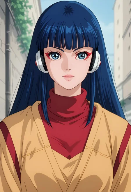 score_9, score_8_up, score_7_up, realistic, fine anime screencap_xl, anime screencap, ladykayura, kayura, ronin warriors, solo, 1girl, retro, blue hair, 1980s (style), bangs, long hair, blue eyes, portrait, eye makeup, urban techwear, street fashion, baggy jncos, cargo pant, hoodie, mock turtleneck, headphones,
