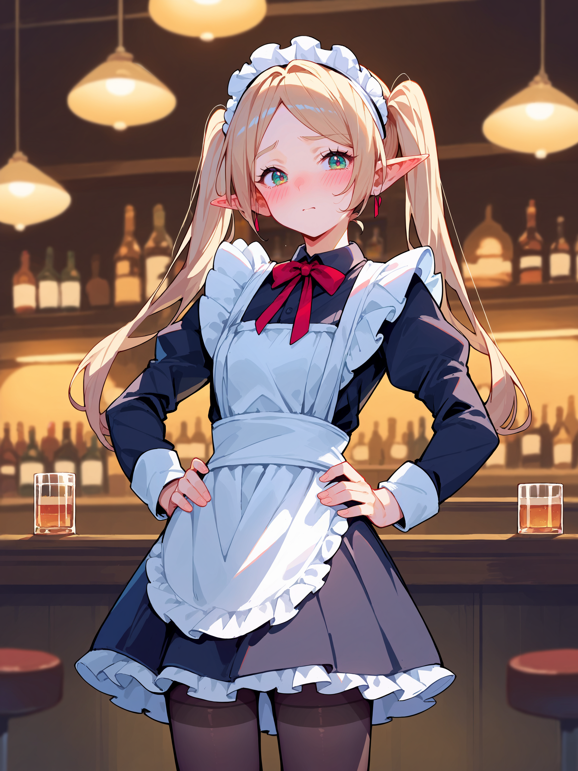 1girl, frieren, twintails, solo, maid, maid headdress, maid apron, shy, pantyhose, hands on hips, looking at viewer, cowboy shot, bar \(place\), indoors, depth of field score_9, score_8_up, score_7_up, source_anime, ray tracing, best quality,  <lora:Char-Frieren-Pony-V1:0.9:hr=0.5>,  <lora:Style-Expressive_H-pony:0.8>,