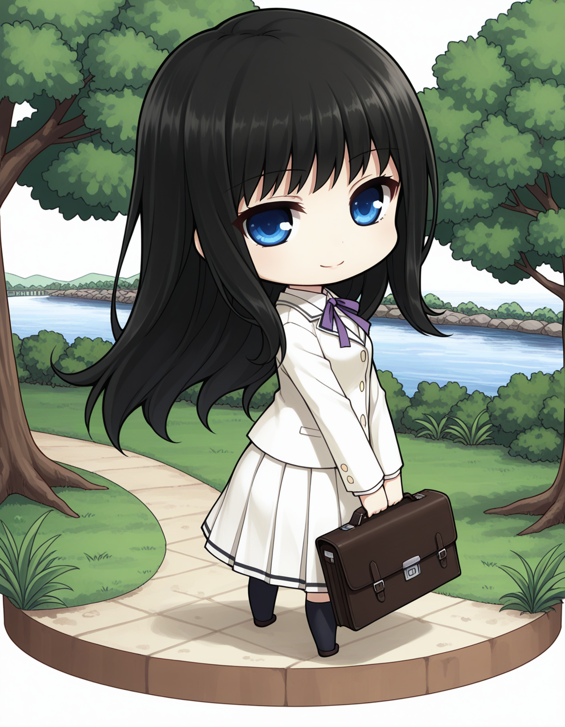 1girl, solo, kuchiki touko, black hair, long hair, blue eyes, smile, closed mouth, school uniform, white clothing, blazer, purple ribbon, neck ribbon, white skirt, medium skirt, pleated skirt, v arms, holding school briefcase, looking at viewer, twisted torso, standing, park, river, tree, (chibi, deformed, faux figurine:1.2), (diorama, isometric:0.7), (white background:1.4) <lora:kuchiki_touko_illustrious_v1-1:0.8>