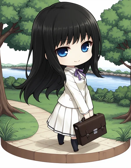 1girl, solo, kuchiki touko, black hair, long hair, blue eyes, smile, closed mouth, school uniform, white clothing, blazer, purple ribbon, neck ribbon, white skirt, medium skirt, pleated skirt, v arms, holding school briefcase, looking at viewer, twisted torso, standing, park, river, tree, (chibi, deformed, faux figurine:1.2), (diorama, isometric:0.7), (white background:1.4) <lora:kuchiki_touko_illustrious_v1-1:0.8>