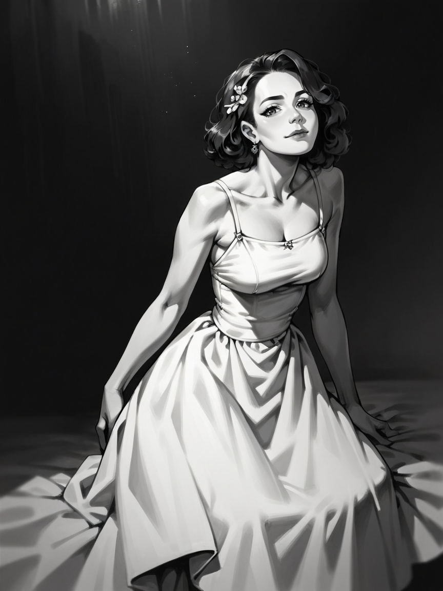 score_9, score_8_up, score_7_up, score_6_up, score_5_up, score_4_up,  <lora:c0ntr4stbwXLP:0.8> c0ntr4st, monochrome, high contrast, dress, 1girl, looking at viewer,