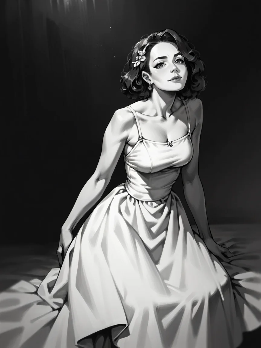 score_9, score_8_up, score_7_up, score_6_up, score_5_up, score_4_up, <lora:c0ntr4stbwXLP:0.8> c0ntr4st, monochrome, high contrast, dress, 1girl, looking at viewer,