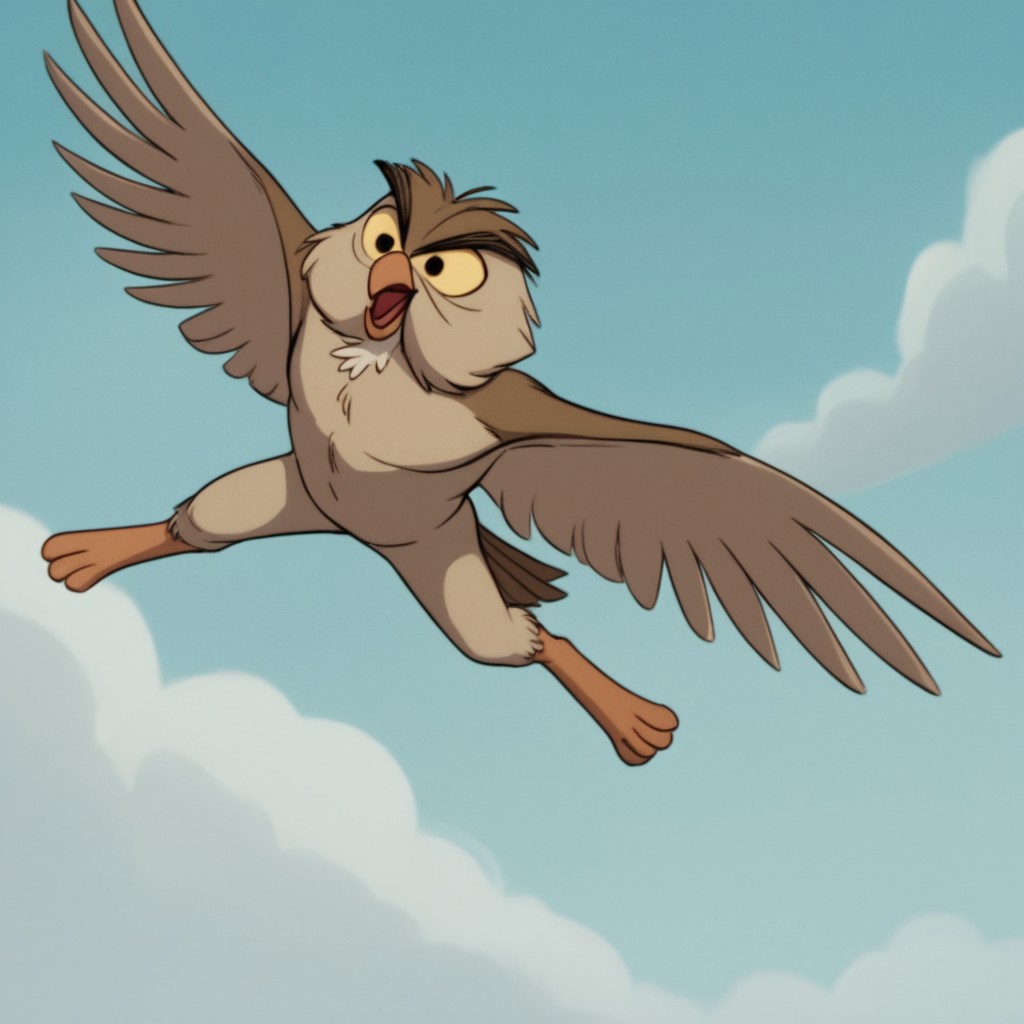 score_9, score_8_up, score_7_up, score_6_up, score_5_up, score_4_up, source_furry, Archimedesowl, anthro, male, owl, brown feathers, yellow sclera, black eyes, flying, wings