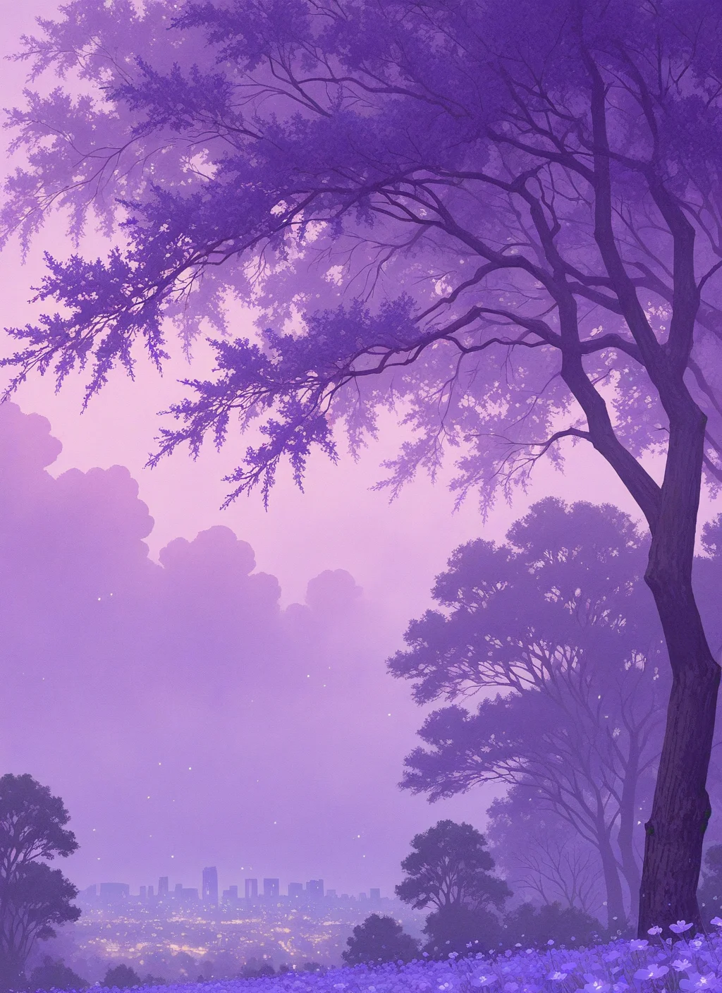 artist:, masterpiece, best quality, newest, very awa, absurdres, highres, scnr, violet hues, city, trees, clouds, flowers, detailed, <lora:SDXL\Illustrous\Concept\Scenery_Enchancer-Illu-scnr:1.0>