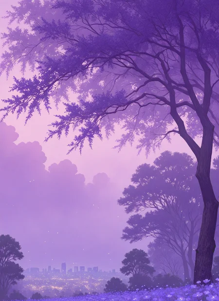 artist:, masterpiece, best quality, newest, very awa, absurdres, highres, scnr, violet hues, city, trees, clouds, flowers, detailed, <lora:SDXL\Illustrous\Concept\Scenery_Enchancer-Illu-scnr:1.0>