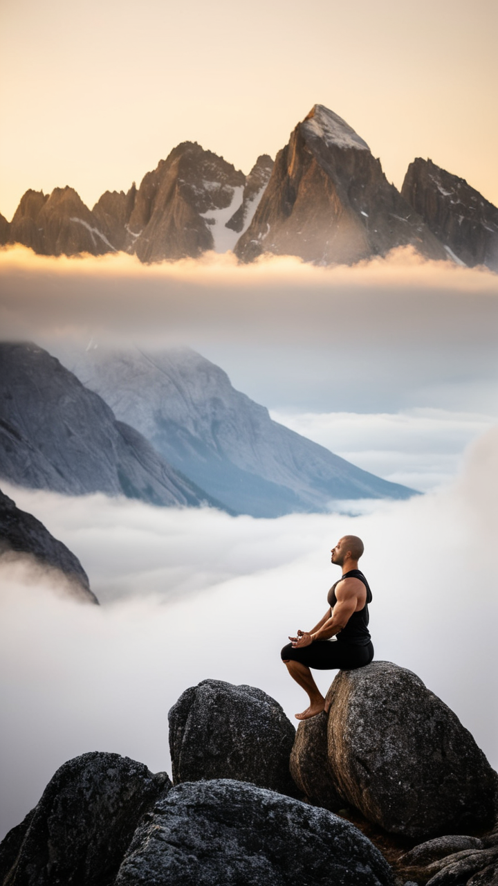 mountain peak, man, meditation, balancing, sunrise, stillness, form-fitting activewear, muscular physique, short hair, serenity, discipline, mindfulness, alpine setting, mist, silhouetted, golden light, minimalist, static pose, wellness lifestyle, majestic scene, rock, clear sky, diffused light, outdoor photography, inner peace, focus, strength, cool tones