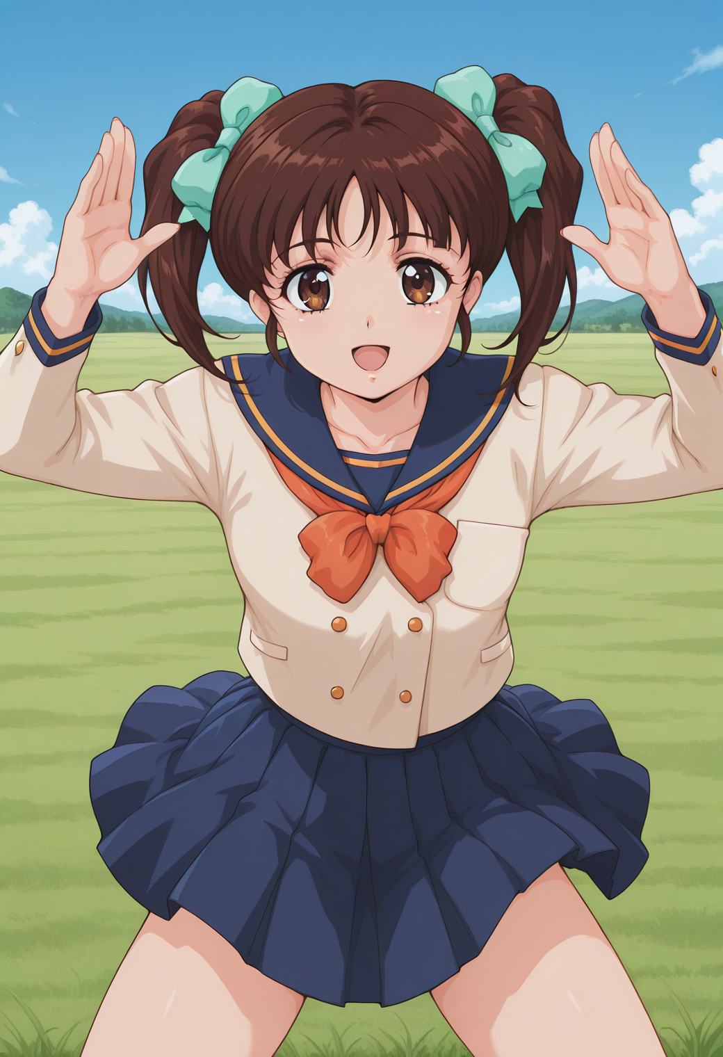 fr_koizumi_rina, brown eyes, brown hair, twintails, hair bow, school uniform, beige shirt, long sleeves, blue skirt, <lora:fr_koizumi_rina_illustrious_ver2:0.8> 
smile, open mouth, cowboy shot,, masterpiece, best quality, sensitive,, 1girl, solo, blue sky, (grasslands:1.2), looking at viewer,, (dynamic pose:1.4),