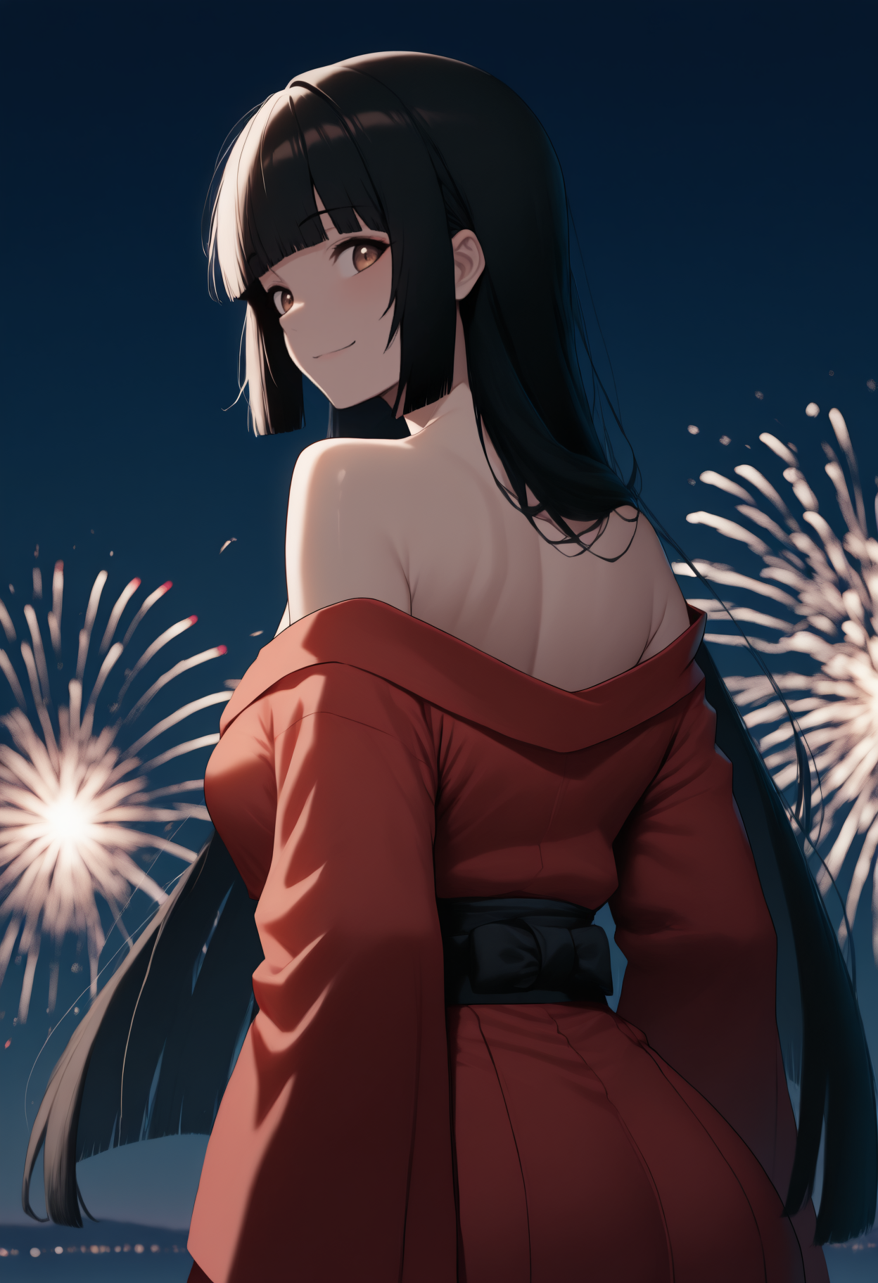 anime, masterpiece, best quality, newest, from behind, solo, 1girl, ykjbm, smile, looking back, long hair, black hair, blunt bangs, hime cut, brown eyes, japanese clothes, red kimono, off shoulder, black sash, bare shoulders, outdoors, night, fireworks
<segment:yolo-Anzhc Face seg 640 v2 y8n.pt,0.4,0.5//cid=1>