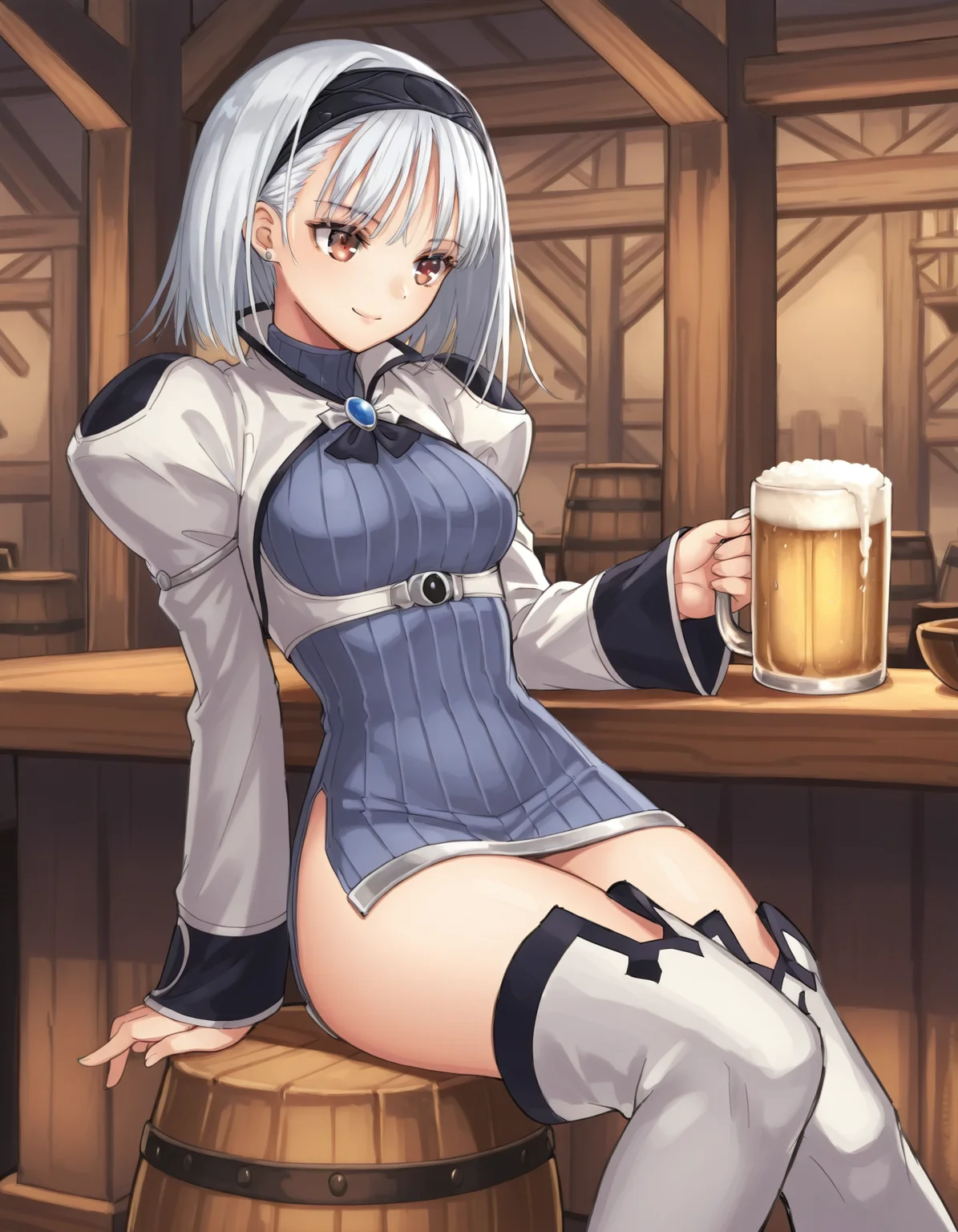 <lora:elwing-blanc-v2-illustrious-000060:1>
bl4ncn3ig3, red eyes, hairband, short hair, stud earrings, side slit, ribbed shirt, turtleneck dress, thigh boots, white footwear
1girl, solo, smile, tavern, sitting, beer mug
masterpiece, best quality