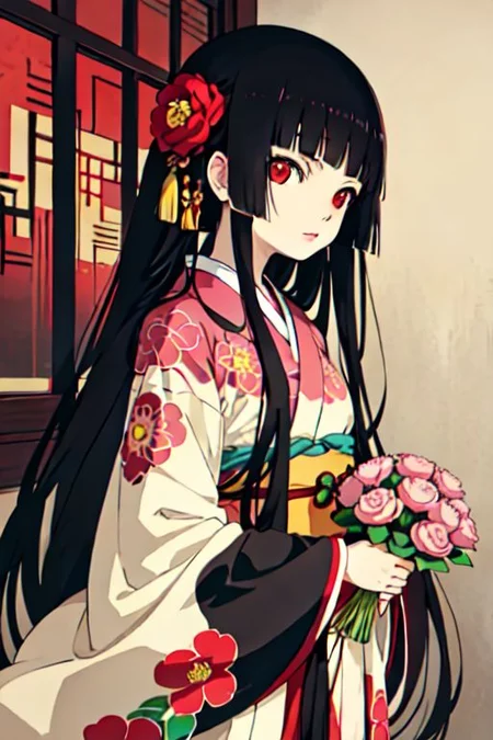 enma ai, hair down, hair black, bangs, eyes red, masterpiece, best quality, ultra-detailed, illustration, 1girl, solo, highres, photorealistic, ultra high res, (Original illustration composition), (fusion of limited color,Maximalism artstyle, kimono obi fashion, double exposure, background, illustration, Amazing, lily spider, night darkness, open one's mouth, finger, bouquet flowers red, low twintails, (polychromatic peony:1.15), Movie poster,