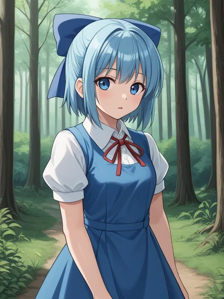 1girl, solo, adventchirno, blue hair, short hair, hair bow, blue eyes, blue dress, white shirt, collared shirt, short sleeves, puffy short sleeves, neck ribbon, outdoors, forest, standing, cowboy shot, parted lips