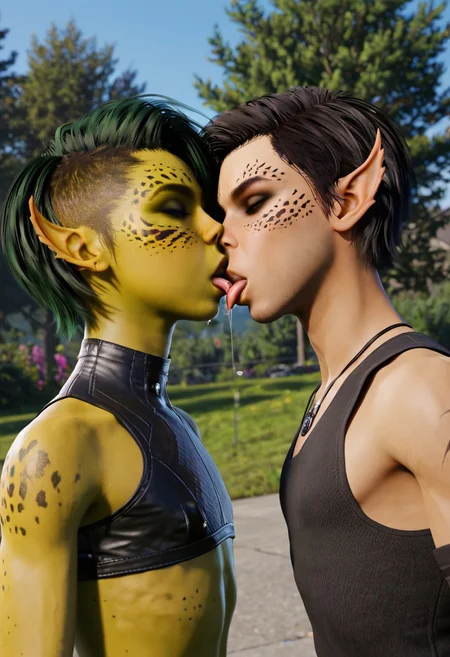 Gith, pointed ears, spots on skin, (green skin) or (yellow skin), flat nose, 2boys, semi-realistic, androgynous, gay, kissing, saliva trail, modern clothing, short hair, goth hairstyle, femboy, androgynous, outdoors
