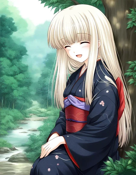 score_9, score_8_up, score_7_up, source_anime, rating_explicit, BREAK   <lora:Rindou_Ver2.0_XL:1> Rindou, solo, closed eyes, long hair, white hair, blonde hair, albino,
 japanese clothes,  black kimono, outdoors, sash, obi, day,  long sleeves, nature, tree,  hand between legs,
open mouth,
spring,
light_smile,
looking at viewer, 
cowboy_Shot,