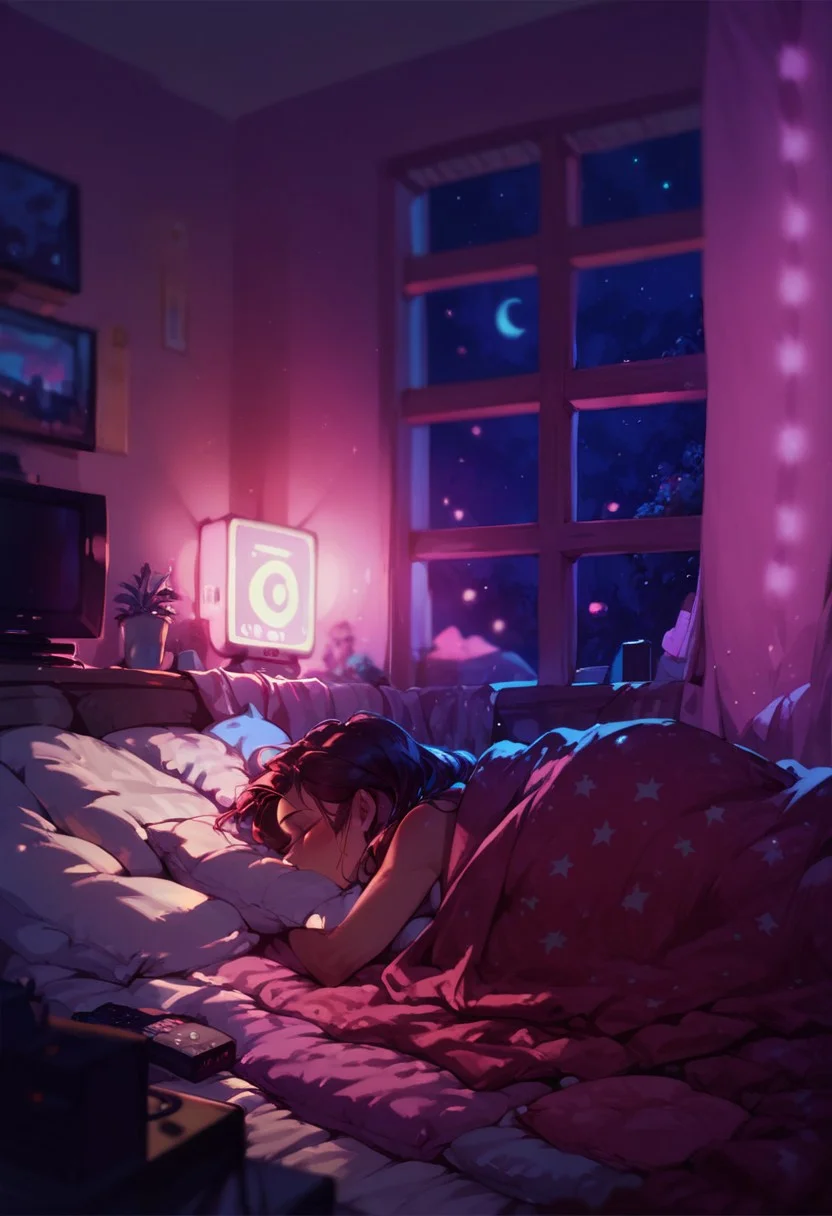 score_9, score_8_up, score_7_up, (((night time, pink lighting)), (blanket, pillow, tv, fan), (dark bedroom, window), (depth of field)