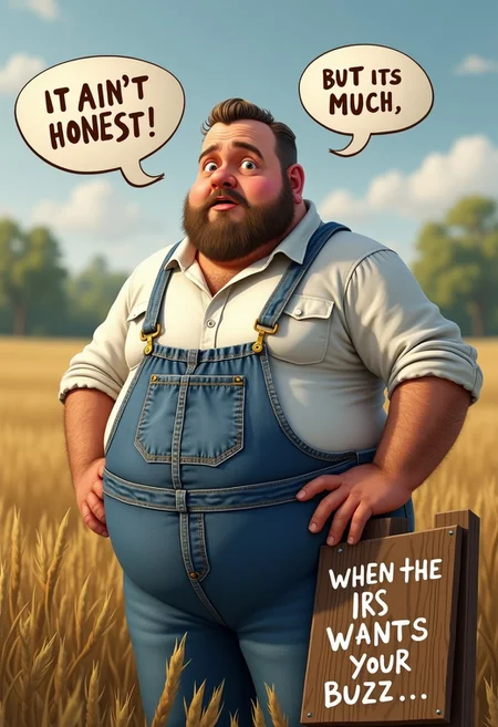 A photorealistic image of an 30-year old chubby man standing in a field and talking, with text bubbles above his head. he is looking with serious expressions on his face. The man has blue jean suspenders, and white shirt underneath and is a country farmer. A text bubble from the man says “It ain't honest, but its much”.
A wooden sign next to him says “When the IRS wants your buzz.”