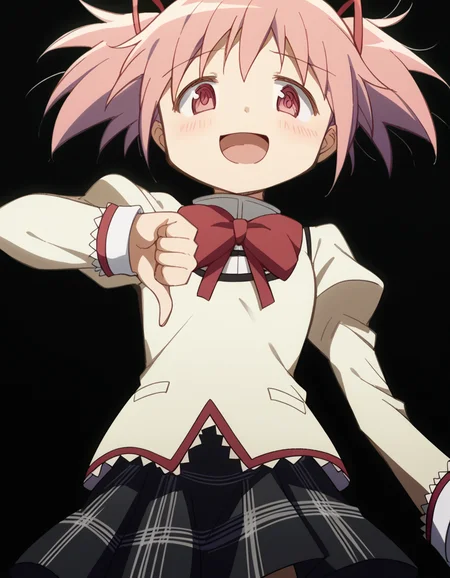 score_9, score_8_up, score_7_up, source_anime, <lora:madoka-kaname-s1-ponyxl-lora-nochekaiser:1>, madoka kaname, short hair, ribbon, twintails, hair ribbon, pink hair, pink eyes, short twintails,, skirt, school uniform, mitakihara school uniform, puffy sleeves, plaid skirt, pleated skirt, bowtie, red bowtie, bridge, connection, water, road, cars, , <lora:thumbs-down-ponyxl-lora-nochekaiser:1>, thumbs down, blush, from below, smug, tongue, tongue out, open mouth, black background, looking at viewer, solo,, dutch angle, cowboy shot