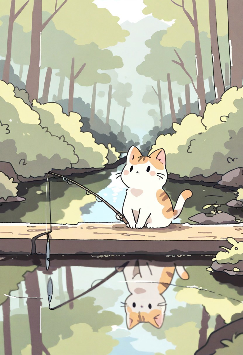 (masterpiece, best quality, high quality, highres), very awa, highres, absurdres,
(naguru \(cyoroama\), (chii-kun \(seedyoulater\):0.7), 
(cat:1.1),
(no humans:1.1), (cute:1.2), comfy, solo, cozy,
fishing, holding fishing rod, river, forest, oo, curious, reflections, sunny day,