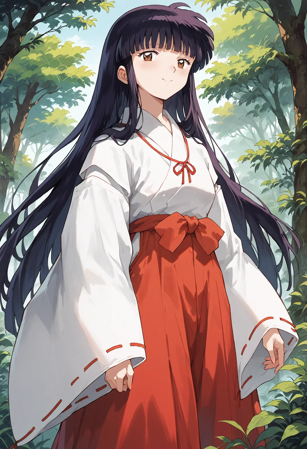 score_9, score_8_up, score_7_up, , score_ANIME, kikyoinu, 1girl, japanese clothes, miko, solo, black hair, brown eyes,, hime cut, wide sleeves, looking at viewer, red hakama, long sleeves, standing, blunt bangs, closed mouth, very long hair <lora:kikyo_inuyasha_pony:1> smile, forest,