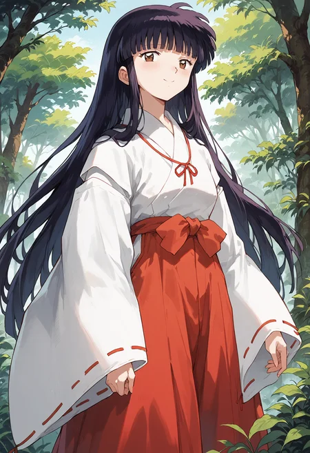 score_9, score_8_up, score_7_up, , score_ANIME, kikyoinu, 1girl, japanese clothes, miko, solo, black hair, brown eyes,, hime cut, wide sleeves, looking at viewer, red hakama, long sleeves, standing, blunt bangs, closed mouth, very long hair <lora:kikyo_inuyasha_pony:1> smile, forest,
