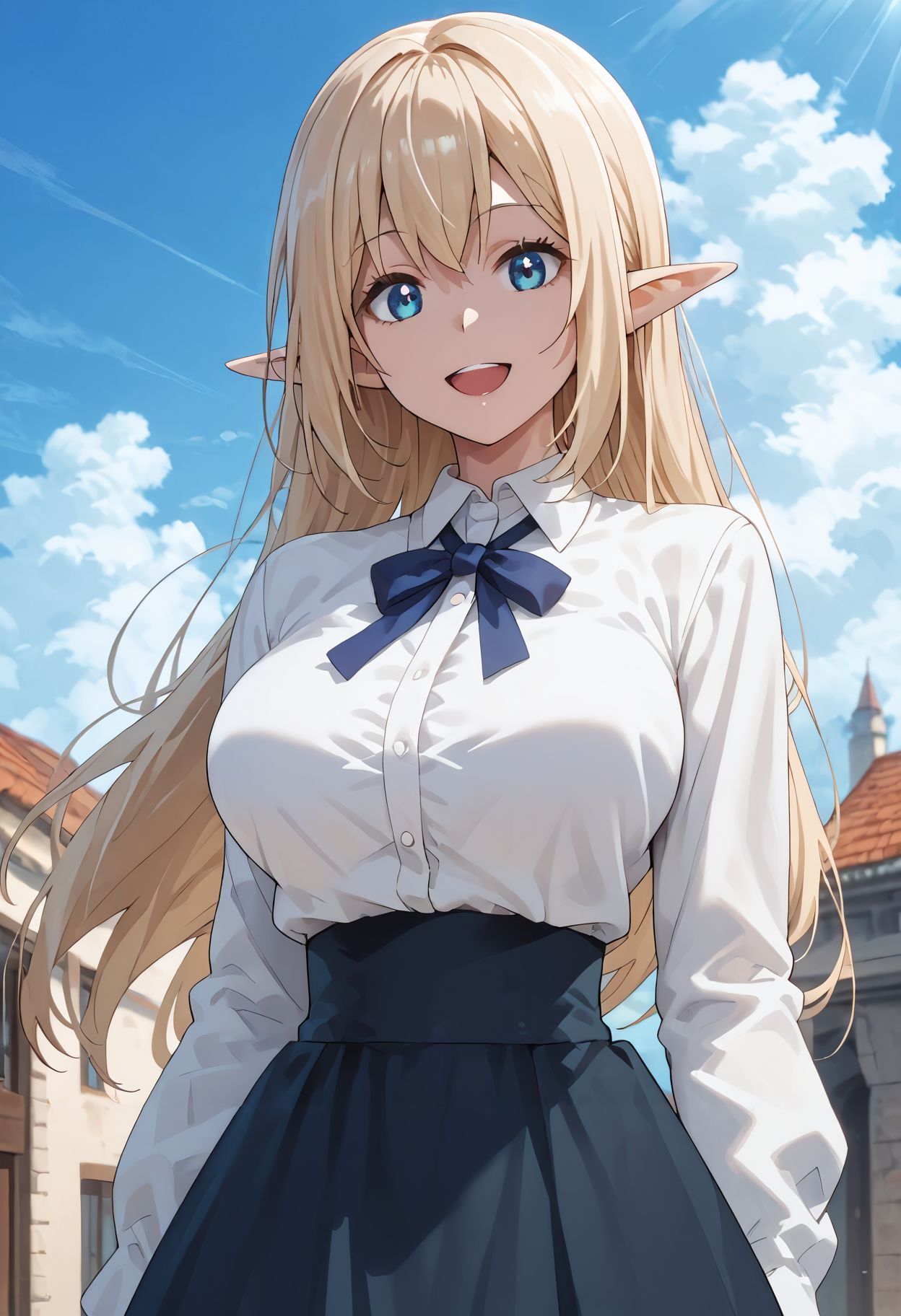 score_9,score_8_up,score_7_up,score_6_up, <lora:aria_beheneko_pdxl_goofy:1>  aria beheneko, 1girl, elf, pointy ears, skirt, large breasts, solo, outdoors, smile, day, open mouth, shirt, sky, high-waist skirt, white shirt,  ribbon, cloud, looking at viewer,  long sleeves