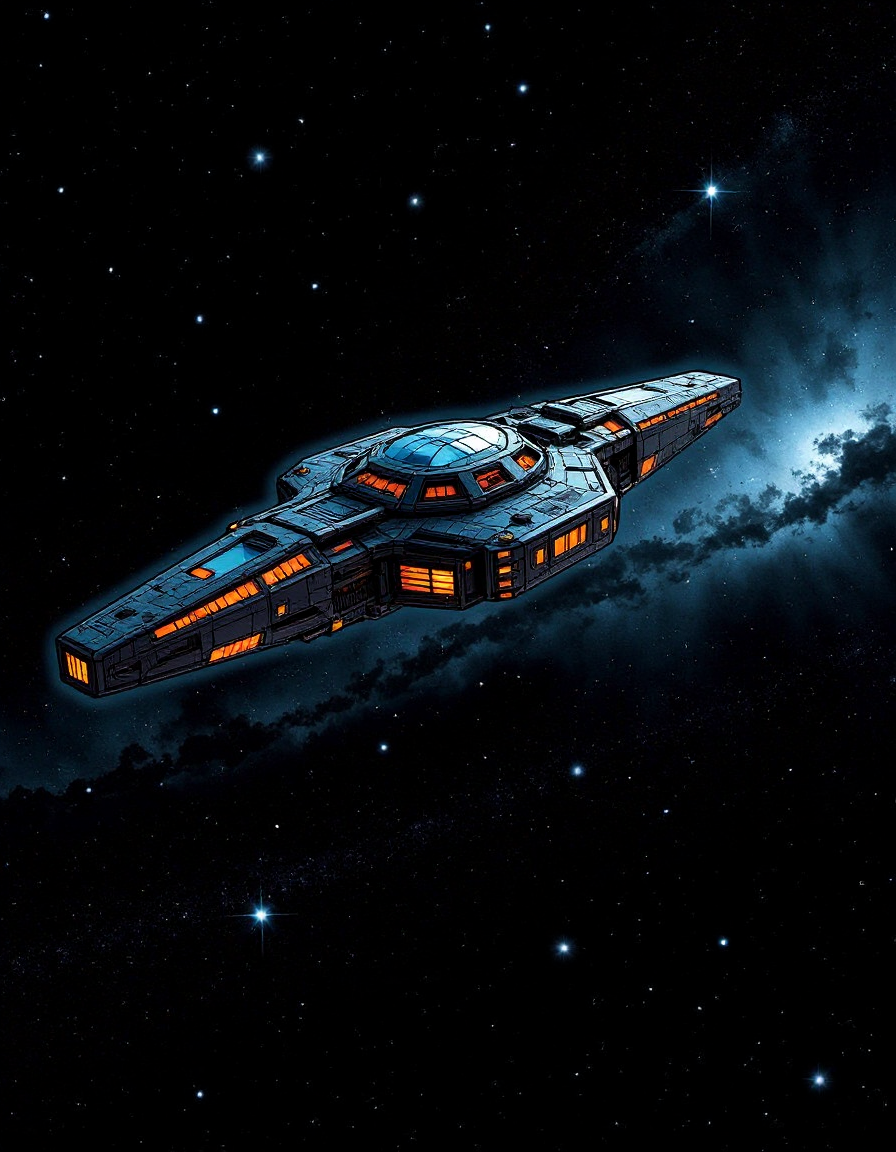 a sci-fi research-explorer unique futuristic ship in black space among the stars and nebulae. The ship flying through space has colorful panels and icons