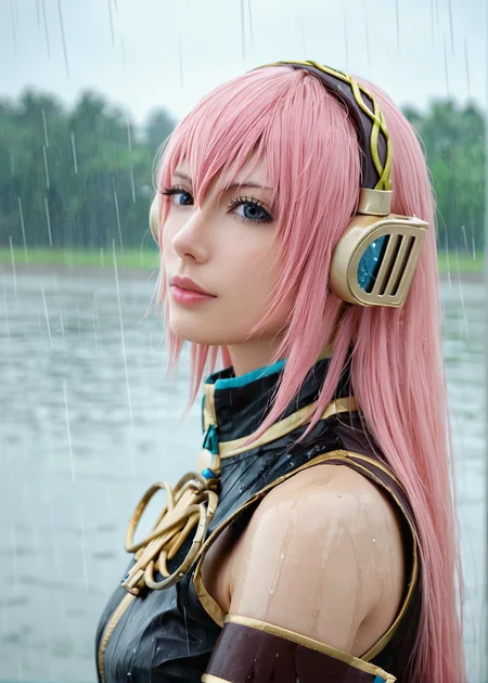 score_9, highly detailed, 1girl, megurine luka v2, pink hair, outdoor background, rain <lora:Megurine_Luka_V2_Pony_Realistic:1>