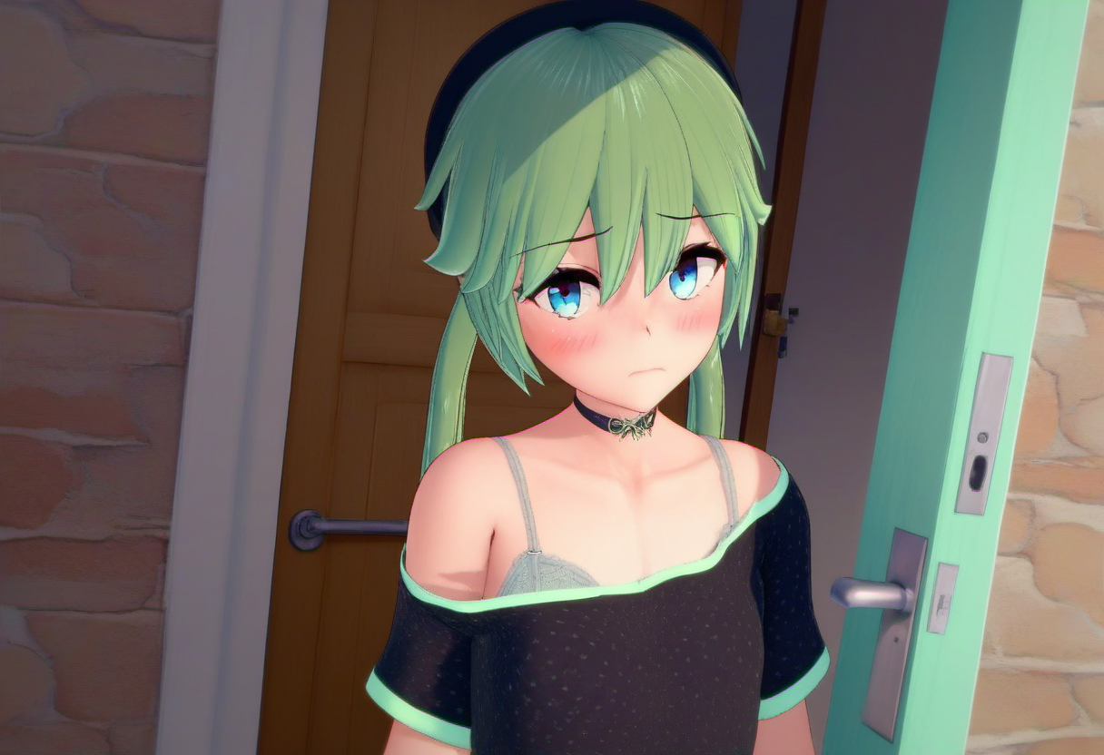 zPDXL, zPDXLxxx, score_9, score_8_up, score_7_up, score_6_up, score_5_up, score_4_up, BREAK  <lora:Io_Ichimonji_from_LiL_PonyXL:0.8>, io_outfit1, 1girl, solo, twintails, blush, outdoors, choker, hat, looking at viewer, shirt, black headwear, long hair, upper body, closed mouth, collarbone, door, beret, hair between eyes, short sleeves, low twintails, bra strap, off shoulder, off-shoulder shirt, black shirt,