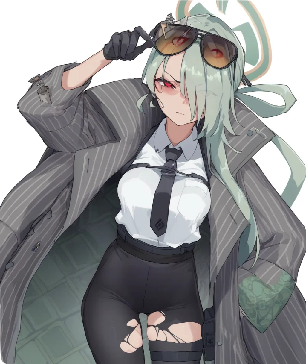 score_9, score_8_up. score_7_up, <lora:makkuro:1>, makkuro, score_9, makkuro, 1girl, eyewear on head, torn clothes, green halo, sunglasses, hair over one eye, black necktie, black gloves, high-waist pants, long hair, white shirt, green hair, breasts, white background, black pants, hair ornament, striped coat, simple background, red eyes, looking at viewer, hair stick, collared shirt, coat on shoulders, grey coat, thigh strap, torn pantyhose