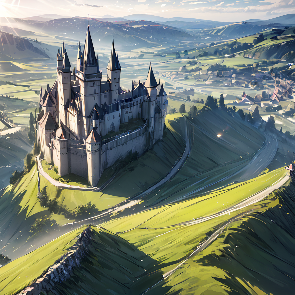 masterpiece, best quality, depth of field, scenery, no humans, sunlight,  hill,(castle:1.2), lens flare, <lora:SDXL Between_pencils_and_semi-realism_Style:0.7> stbedap, village, (close up:1.2), CGI,