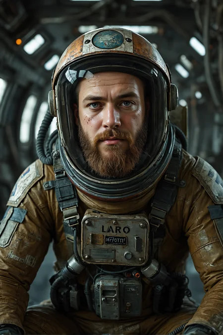 Photorealistic, a bald slightly chubby young man, rugged beard, with healthy blush and subtle freckles, in a retro space helmet with a chipped, tinted visor and rusted metallic plating. The helmet is adorned with faded mission stickers and worn-out communication wires dangling from the sides. His suit is a classic, vintage-style spacesuit with padded shoulders and reinforced elbows, showing signs of wear with patches and scuff marks. The suit features a bulky, worn utility belt and a chest-mounted life support system with dimly glowing, malfunctioning indicators. sitting on the ground. The background is the interior of an old, worn-out space station, with flickering lights and cracked walls, exuding an atmosphere of abandonment and solitude.