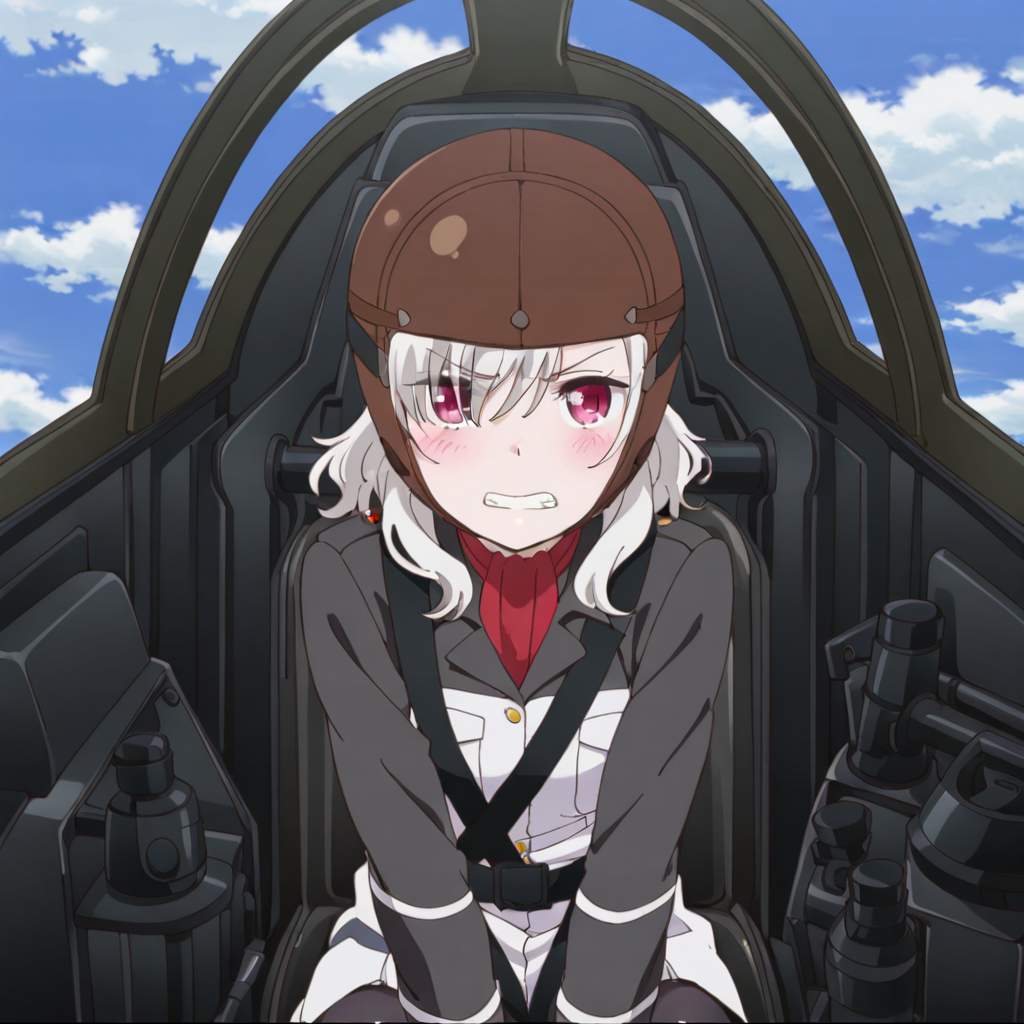 nsfw, masterpiece, best quality, 1girl, solo, warlords_of_sigrdrifa_komagome_azuzu, helmet, red eyes, white hair, sky, cockpit, teeth, sitting, blush, clenched teeth, blue sky, looking at viewer, jacket, long sleeves, seatbelt, day, <lora:Komagome_Azuzu_-_Warlords_of_Sigrdrifa:0.7>