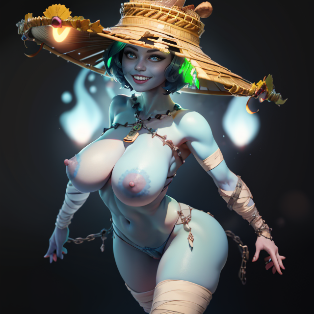 Kasumi,(light blue skin1:1) light blue feet, short green hair, medium breasts,(barefoot),(glowing  blue eyes),  large areola, floating in the air,   evil smile, 
KasAttire, bandages, bandaged leg, , chain and lock jewelry,  straw hat, solo,  upper body,  heavy boobs,
(insanely detailed, beautiful detailed face, masterpiece, best quality)    <lora:kasumi-10:0.7>  <lora:Sagging breasts:1>