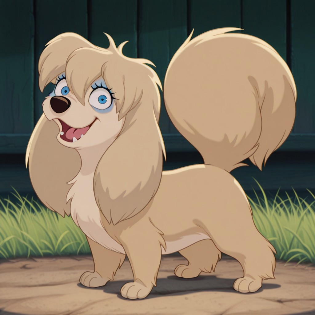 peg, female, dog, disney, blonde fur, long ears, light blonde belly, blue eyes, blue eyeshadow, bangs, hair tuft BREAK score_9, score_8, score_7, no humans, (((full body))), standing, solo, female, feral, hight definition, hyper detailed, best quality, amazing quality, 1girl, cute, cute smile, cute pose, 8k, masterpiece, looking at viewer BREAK standing, happy, friendly, adorable, expressive eyes, sweet, smiling, open mouth, open eyes, (((in grassy meadow))), (((daylight)))