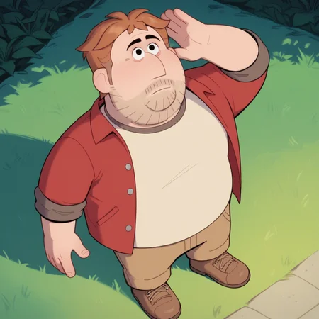 score_9, score_8_up, score_7_up, score_6_up, score_5_up, score_4_up, highres, ((dark:1)), closed mouth, outdoors, on grass, arm up, open hand, :o, looking up, from above <lora:eric-v1-17:0.9> cyteotweric, solo, 1boy, open red shirt, beige t-shirt, brown pants, brown footwear, <lora:hand 4:0.6> perfection, hands,