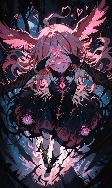 masterpiece,best quality,absurdres,very aesthetic,very awa,highres,newest,year 2024,year 2023,<lora:NLSTN-IL_1412568:1>,nlstn,glowing,dark,<lora:illustrious_quality_modifiers_masterpieces_v1_956369:0.7>,<lora:ponyv4_noob1_2_adamW-000017:0.7>,<lora:spo_sdxl_10ep_4k-data_lora_webui:0.6>,<lora:add-detail-xl:0.9>,<lora:KonyaKarasue-000008:0.4>,<lora:Isha_Illus_XL_1131795:0.6>,ishaILXL,heart ahoge,pink eyes,skinny,multicolored hair,white hair,pink hair,24 yo,24 year old girl,(white eyelashes:1.2),dynamic background,detailed,womb tattoo,dynamic_angle,flat chest,looking at viewer,facial mark,
masterpiece,sharp detail,intricate detail,1girl,3y3s_illu,extra eyes,solo,glowing hands,dark blonde,black dress,feather hair,(head wing, head wings covering eyes:1.3),evil grin,smile,long hair,massive wings,eyeball print inner skirt part,outstretched arms to viewer,gradient feather,glowing wings,bridal gauntlets,dynamic angle,toeless legwear,levitation,flying,floating dress,relaxed,gold armlet,gold anklet,holding stone eyeball,