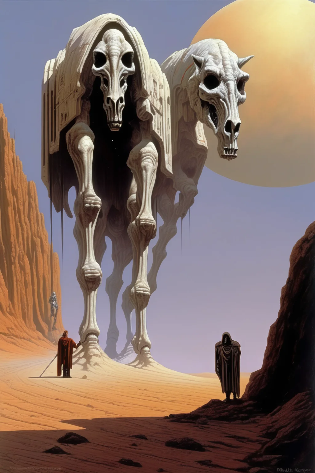 <lora:Angus McKie Style:1>Angus McKie Style - the sojourner and his despair, with his hungry pale horse, painted soulfully in the merged style of Michael Whelan and Ralph McQuarrie