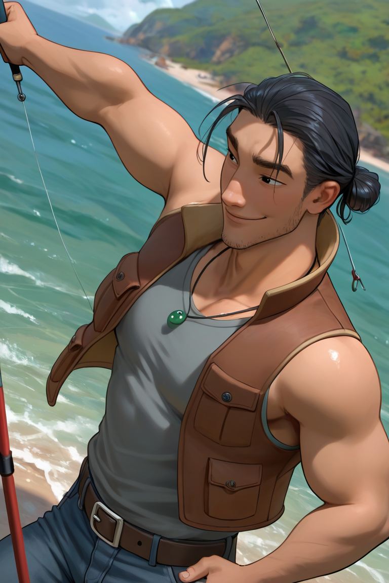 expressive manly face, shadow, dynamic angle, intricately detailed, depth of field, masterpiece, best quality, amazing quality, very aesthetic, absurdres, newest, very awa, 1boy, make focus, solo,coraltheo,black hair,black eyes,facial hair,stubble,hair bun, brown vest, grey shirt, sleeveless, jeans, belt, necklace, red boots, fishing, holding fishing pole, at sea, upper body, smile, action shot, 