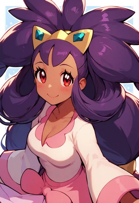 score_9, score_8_up, score_8, medium breasts, (curvy), cute, eyelashes,
iris \(pokemon\), purple hair, long hair, red eyes, dark skin, big hair,
hair ornament, white leggings, long sleeves, miniskirt, pink skirt, v, smile, blush,
upper body, detailed eyes,