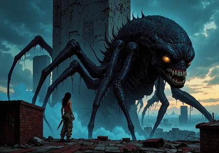 A young Latina woman, dressed in a bloodied tank top and cargo pants, is crouched on the rooftop of a dilapidated building, her breath steady as she watches the writhing mass of alien flesh below. The creature is like nothing sheâs ever seenâits slick, black body is covered in chitinous armor, segmented like an insect but with the bulk of a creature far more sinister. It has dozens of legs, some jointed like a spiderâs, others trailing off into tentacles that thrash in the air. Its elongated head is bulbous, with multiple milky, unblinking eyes that seem to pulsate in rhythm with its every breath. From its wide, gaping mouth, rows of jagged teeth drip with viscous saliva, the sound of its breathing a harsh, wet rasp. The woman grips her knife tightly, waiting for the perfect moment to strike as the thing moves below her, unaware of her presence. Her heart races, but her hands are steady, ready to plunge the blade into the soft spot at the base of the monsterâs skull., (haunting, mysterious, cinematic) | A solitary figure in (tattered robes) stands before a monolithic, cracked wall towering against a twilight sky. | Foreground: the figure gazes up, dwarfed by the massive wallâs sheer scale and etched symbols. | Background: a faint, ominous glow outlines the monolith, adding a sense of ancient power. | Shadows deepen around the figure, cloaking them in mystery. (high contrast, shadow-heavy, detailed textures), (vantablack:0.4), Comic book style<lora:- Flux1 - vanta_black_V2.0.safetensors:0.7000000000000001:0.7000000000000001> <lora:flux_vividizer.safetensors:0.4:0.4> <lora:Flux_Detailer2K.safetensors:0.6:0.6> <lora:Comic book V2.safetensors:1:1>