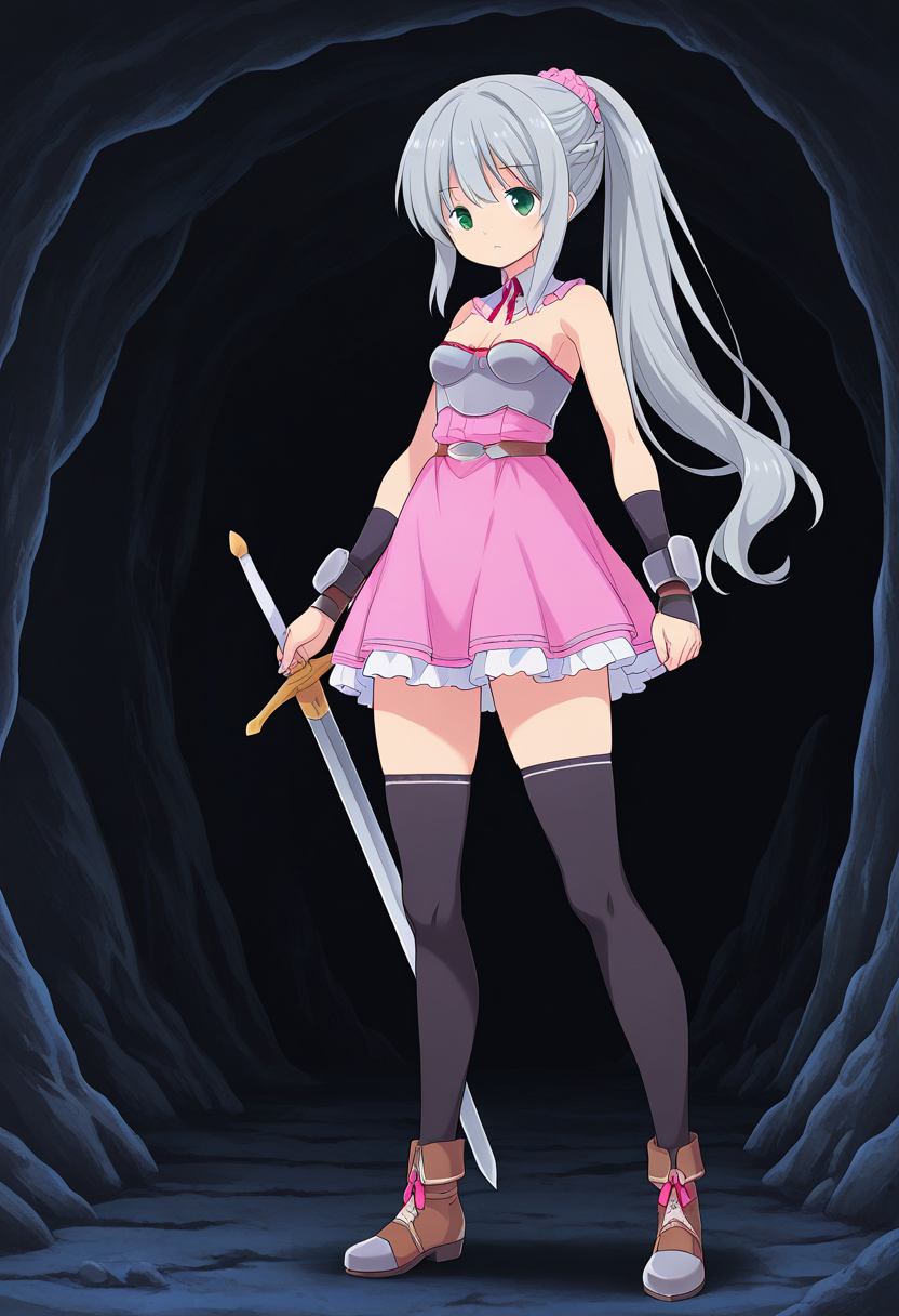 1girl, solo, lalaciellalanciel, grey hair, very long hair, braid, ponytail, hair scrunchie, green eyes, detached collar, strapless dress, armor, arm_guards, bracers, breastplate, medium breasts, black thighhighs, boots, holding sword, cave, serious, parted lips, standing, full body,